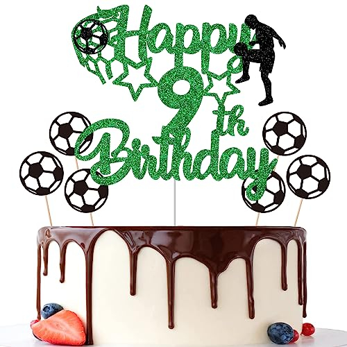 Gidobo 9th Birthday Cake Toppers, Green Glittery Cake Decorations with Football Theme, Nine Years Old Soccer Birthday Party Supplies for Boys