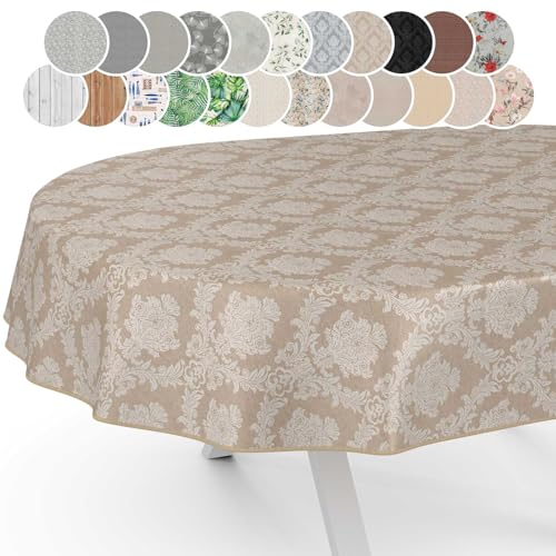 Stoff Tischdecke Textil Tischwäsche Tischtuch Baumwolle Polyester abwaschbar Uni Ornament Damast Jacquard Gewebe waschbar Barock Beige Oval 240x140cm mit Saum (Eingefasst)