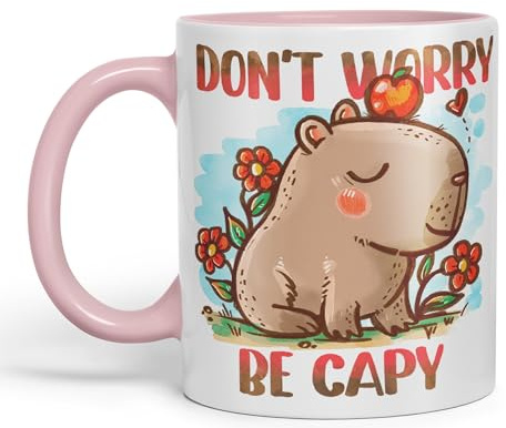 Vixar Capybara Tazza in ceramica colorata con scritta Don't Worry Be Capy Kawaii Joke, 330 ml, per lavoro, ufficio, tè, caffè (rosa)