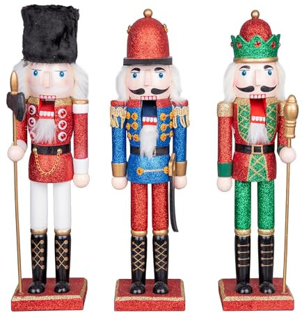 SHATCHI 38cm Assorted Wooden Christmas Nutcrackers - 3pcs Set - Soldiers King Puppet Figurines Xmas Home Decoration Ornament