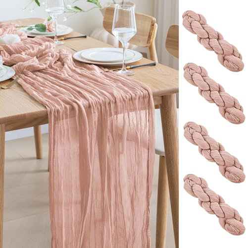 Asee'm 4PCS Tischläufer Käsetuch 300 x 90cm Staubiges Rosa Boho Transparente Läufer Tisch Hochzeit Gaze Stoff Rustikale Käse Tuch für Braut Dusche Party