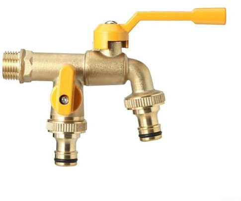 HEIBTENY Rubinetto in ottone, per impianti di irrigazione, controller, tubo da giardino, camion, in ottone, balcone, esterno, lavandino a doppio foro (1/2 x 3/4 x 3/4)