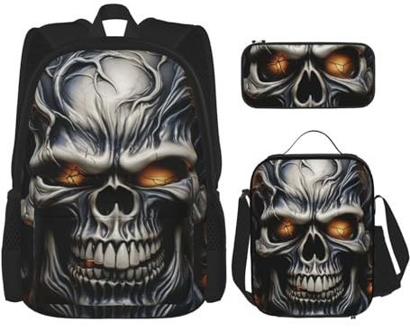 OUSIKA Cool Evil Skull 3 Pcs Print Backpack Sets Casual Daypack with Lunch Box Pencil Case for Women Men