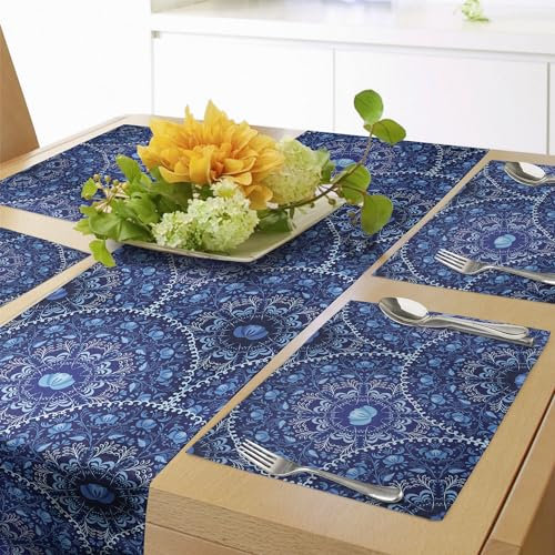 ABAKUHAUS Dunkelblau Tischläufer & 4 Stück Tischsets, Kreisförmige und Florale Muster im orientalischen Stil, Set für die Tischdekoration, 180 cm x 40 cm, Marineblau Weiß und Blau