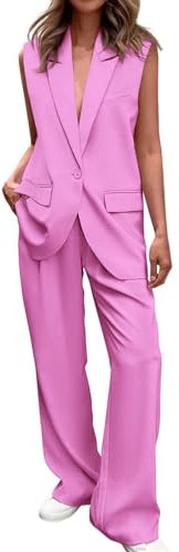 Minetom Tailleur 2 Pièces Femme Ensemble sans Manches Blazer Couleur Unie Gilet Haut Top et Pantalon Survêtement Ensemble 2pcs E Rose S