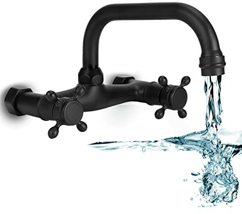 Rubinetto del Bagno Doppie Maniglie 13,6-16,5cm Distanza Foro G1/2 Filetto Rame Nero Opaco Montato a Muro Rubinetto Vasca 360 Girevole Beccuccio Lavandino per Casa(1)