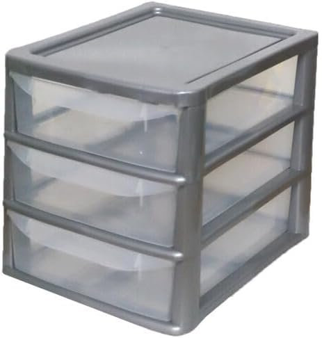 3 Shallow Stackable Drawers Tier A4 Plastic Storage Tower Unit Organizer Home Office School Desktop Clear Storage Chest for Clothes Toys Shoes Stationary Grey