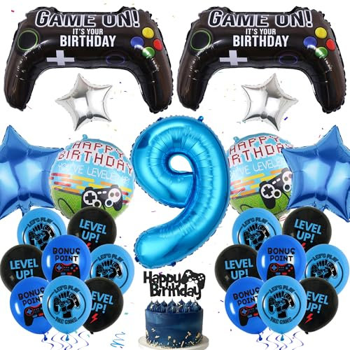 Videospiel Geburtstags Deko Für Jungen - 9.Geburtstagsdeko, 9 Zahlen Ballon Blaue Kuchenaufsatz Game Controller Folienballon Coolen Latex Luftballons Für Kinder Game Thema Party Dekoration