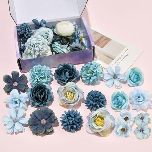 KARLOR Lot de 20 fleurs artificielles bleues à bricoler - Fleurs artificielles - Hortensia, dahlias, marguerites - Fleurs en soie - Hortensia - Pour bricolage, bouquets de mariée, travaux manuels