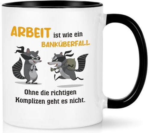 Joymaking Abschiedsgeschenk für Kollegen Jobwechsel Kaffeetasse Geschenk Abschied Kollegin Tassen mit Spruch - Arbeit ist wie ein Banküberfall - Kollegen Geschenk für Abschied, 320ml Schwarz