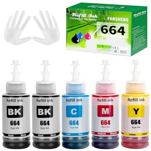 FANSHENG 664 Ink Compatible with 664 ink refill bottles for ET-14000 ET-2500 ET-2550 ET-2600 ET-2650 ET-3600 ET-4500 ET-4550 ET-15000 ET-16500 L100 L110 L200 L210 (5 Pack 2BK/C/M/Y)