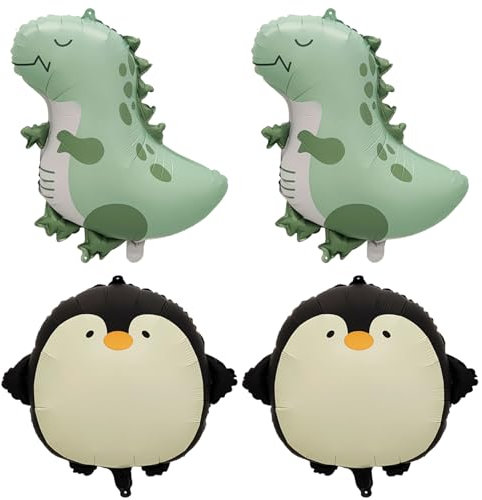 TYFGRT 2 Stück Pinguin-Luftballons Und 2 Stück Dinosaurier-Luftballons, Tier-Aluminiumfolien-Luftballons, Kinder-Party-Dekorationen, Kreative Cartoon-Luftballons, Süße Kinder-Luftballons