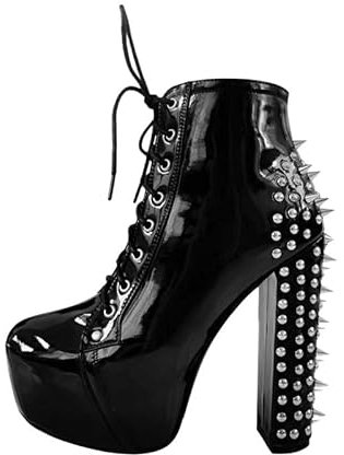blingqueen Damen Plateau Stiefeletten Blockabsatz Punk Boots Schnürboots mit Nieten Lack Schwarz 42 EU