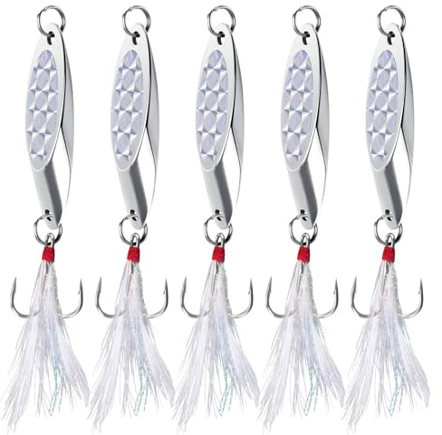 Alwonder Leurres de pêche en mer - Cuillères en métal - Hameçon triple en plumes - Avec feuille flash - Pour bar, morue, maquereau, bateau, kayak, pêche - 14 g