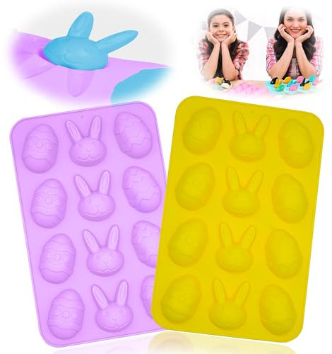 2Pcs Easter Chocolate Molds, 12 Cavity Egg Bunny Shaped Non-Stick Silicone Baking Trays, Reusable Fondant Jelly Candy Mould for DIY Easter Treats & Party, 22.5cm | Lilac & Yellow