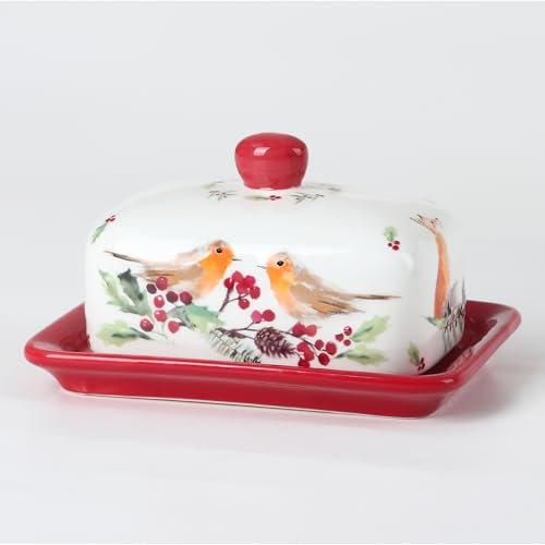 SGHIC Vögel Butterdose, Keramik Butterdose mit Deckel und Henkel, handbemalte Vögel und Füchse, Landhausstil, Kleine Butterdose, Butterglocke, Französische Butterdose, rot,17*12*11cm
