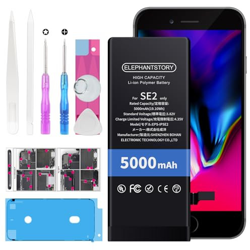 Elephantstory Batteria per iPhone SE 2020/ SE2, 5000 mAh Alta Capacità 0 Cicli Batteria ai Polimero agli ioni di litio per Modello A2275 A2296 A2298 con Kit di Strumenti di Riparazione e Guida