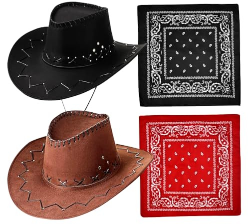 Cowboyhut für Damen, 4PCS Cowgirl Hut Zubehör Set mit Halstuch Breiter Krempe Cowboyhüte Fashion Western Cowboy Hut Cowgirl Kostüm Accessoires für Halloween Karneval Cosplay(Schwarz und Braun)