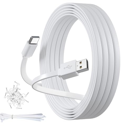 Vandefier Flat USB A to USB C 5M Long Type C Charging and Data Transfer White Cable for Home Security Cameras, Dash Cam, Smartphones, Tablets and More