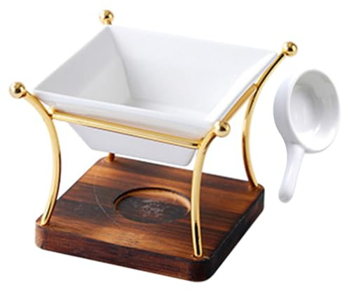 DIYEAH Brûleur Huiles Essentielles Céramique avec Socle Bois et Fer Vintage Chauffe-Plat pour Fondant Parfumé et Bougie Diffuseur de Parfum pour Maison et Bureau
