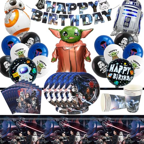 65 Piezas Decoración y Vajilla de Cumpleaños - Incluye Pancartas, Platos, Vasos, Servilletas, Manteles y Globos para 10 Personas
