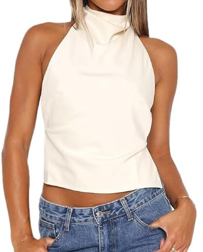 BABWWNIX Women Halter Backless Tank Top Silk Satin Going Out Mock Neck Crop Camisole Shirt Sexy Summer Open Back Y2k Vest Top