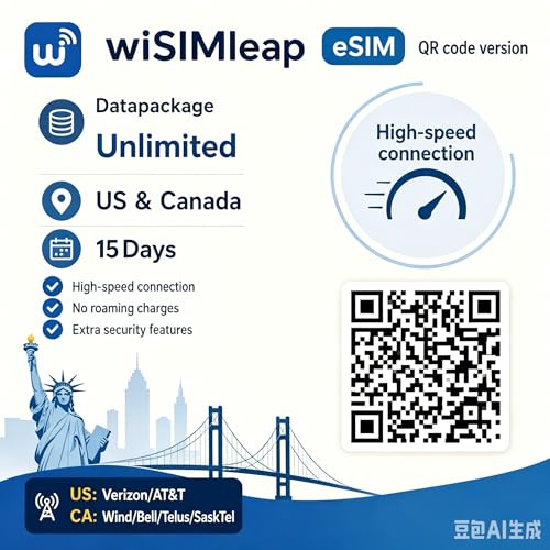esim USA Canada Unbegrenzt Daten 15 Tage Prepaid Karte Datenpaket 4G/5G Prepaid Reise-eSIM für USCA Länder Sofortige QR-Code Lieferung Kein physisches SIM erforderlich Kompatibel mit iOS Android