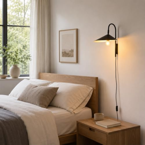 Alpinaluz Schwarze schwenkbare E27 Wandleuchte mit Stecker und Schalter | Gebogener Metallschirm und drehbarer Arm lenken Licht an Kopfteil, Leseecke, Wohnzimmer, Schlafzimmer, Büro