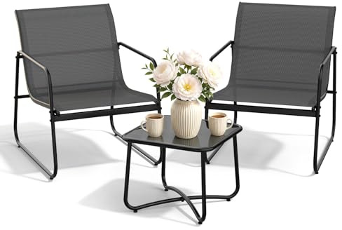DriveMo Gartenmöbel Set 3-teilig, Balkonmöbel Set für kleinen Balkon | Balkonmöbel mit 2 Schaukelstühlen Outdoor und Tisch, Outdoor Möbel wetterfest, Textilene Sitzgruppe für Terrasse & Garten