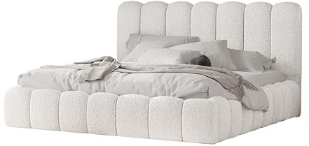 4ALL HOME Polsterbett Timber 120/140/160/180/200x200 cm mit Bettkasten und Lattenrost – Designerbett – Komfortbett mit Stauraum – Mettalrahmen mit Gasdruckfedern (Woolly 07 Weiß, 140x200 cm)