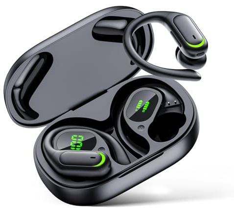 Auriculares Inalambricos Deportivos, Cascos Inalámbricos Bluetooth 5.4 HiFi Estéreo con 4 HD Mic, 50H Reproducción, IP7 Impermeable, Micrófono HD, Pantalla LED, Ideal para Gym Running Fitness - Negro