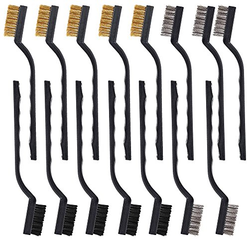 Afunta - Set di 15 spazzole metalliche per muratura, con setole in acciaio inossidabile, ottone e nylon, manico curvo, per pulire resti di saldature e ruggine, 5 pezzi per tipo