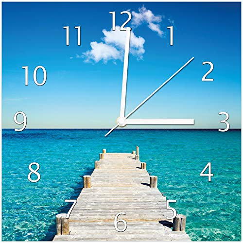 Wallario Design-Wanduhr Steg am tropischen Meer aus Glas, Motiv-Uhr Größe 30 x 30 cm, weiße Zeiger
