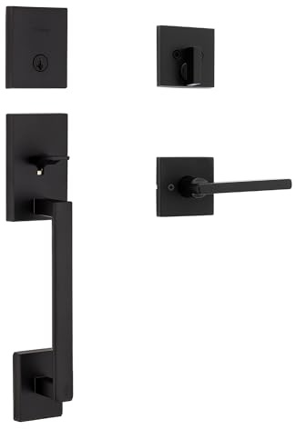 Kwikset San Clemente Front Door Lock Handle and Deadbolt Set, Entry Handleset Exterior with Interior Reversible Lever, Matte Black, Pick Resistant SmartKey Rekey Deadbolt Security