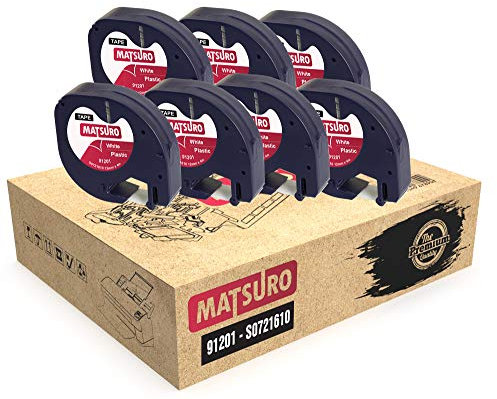 Matsuro Original | Kompatibel Kunststoff-Etiketten Schriftband Ersatz für DYMO LetraTag 91201 91221 S0721660 S0721610 Schwarz auf Weiß (12 mm x 4 m | 7-er PACK)