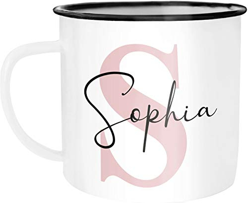 SpecialMe® Emaille-Tasse mit Namen Buchstabe Emaille-Becher Monogramm Initiale personalisierte Geschenke Namensaufdruck weiß-schwarz Emailletasse