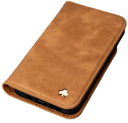 PORTER RILEY - Leather Case for iPhone 12 Mini (5.4). Premium Genuine Leather Stand/Cover/Wallet/Flip Case with Card Slots, Horizontal Stand (Tan)