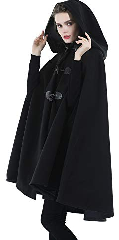 BEAUTELICATE Cappotto da Donna con Cappuccio Misto Lana Poncho Cape Mantella Giacca con Bottone Capispalla Medievali per Inverno Autunno Cosplay Robe (Nero, Taglia Unica)