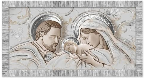 Lupia - Quadro Moderno The Kiss Ceramic Mix Sacra Famiglia GIOVY, Decorazione Glitter, Cornice Legno Striata Argento, Adatto per Camera da Letto, Soggiorno e Ufficio, 60x110 cm, Stampa su Legno