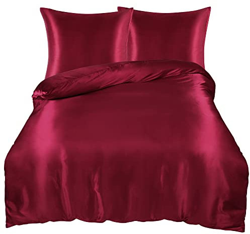 PiccoCasa Satin Bettwäsche 155x200cm Rot 3tlg Uni Glatt Luxus Seide Bettbezug mit Reißverschluss und Kissenbezug 80x80cm kuschelig weich Bettwäsche-Sets