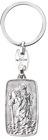 Fritz Cox Schlüsselanhänger Christophorus mit Gravur Gott schütze Dich | aus Metall | silber | Schutzpatron der Reisenden | 4cm