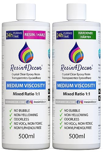 Epoxidharz set RESIN4DECOR 1:1 Gießharz Epoxy Resin Klebstoff für Kunsthandwerk Schmuck Formenbau Gusskristallklarer Vergilbungsfrei Ungiftig Hochglanzfinish 24 St Aushärtungszeit Geruchlos 1000ml