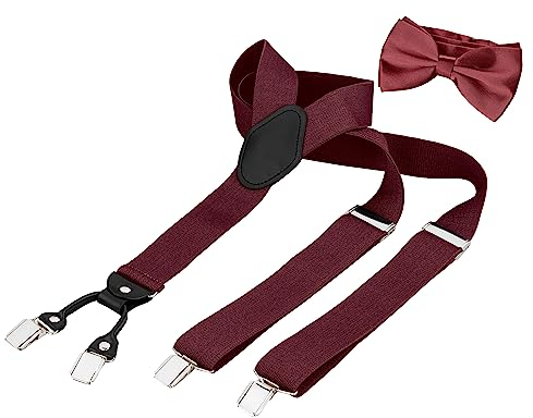 BomGuard Herren Hosenträger + Fliege Männer Set Mann,3,5 cm breit, bordeauxrot