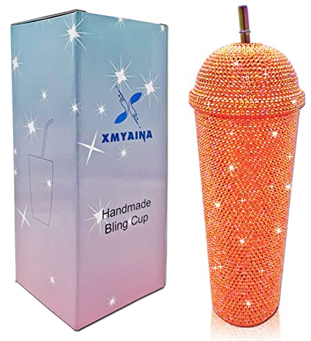 XMYAINA 24oz Bling Cup Handmade Rhinestones Tumbler Double wall Insulated Plastic Water Bottle with Lid and Straws (Orange)