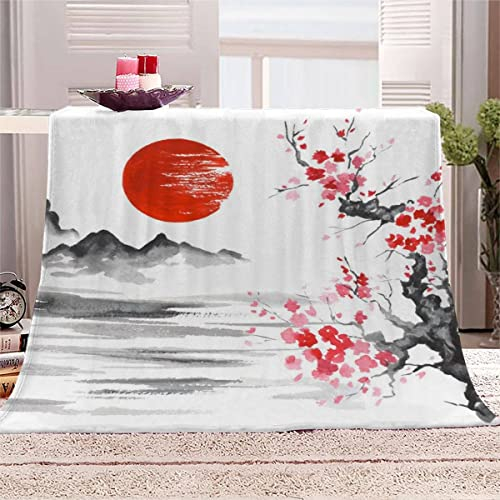 Japanischer Stil Kuscheldecke 180x220 cm Flanelldecke Sakura Rote Sonne flauschig Warme Microfaser Blanket Groß Tagesdecke Decke für Sofa und Bett Hochwertige Decke Sommer