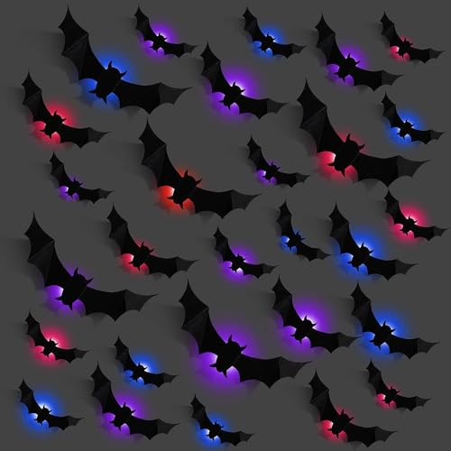 HSDSH 24 Pezzi Decorazioni Halloween Pipistrelli Adesivi 3D per Parete LED Pipistrelli Light Adesivo Halloween Decorazioni della Parete Finestra Domestica Halloween Adesivi