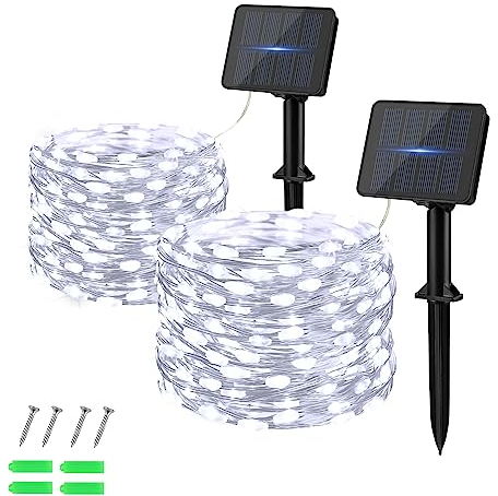 Dalugo Lot de 2 guirlandes lumineuses solaires d'extérieur, 5 m, 50 LED, résistantes aux intempéries, fil de cuivre, pour jardin, terrasse, cour, arbre, fête, anniversaire, mariage, Noël (blanc froid)