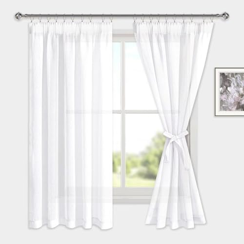 DWCN Voile Vorhänge mit Kräuselband Leinenoptik Transparente Gardine 2 Stücke Halbtransparent Vorhänge für Wohnzimmer, Durchsichtige Gardinen Kurz Weiß,160x140cm (Höhe x Breite)