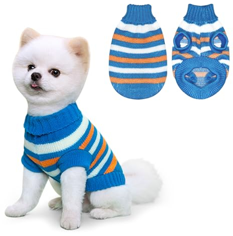 Lyneun Hundepullover, Gestrickt Hunde Pullover Kleine Hund, Warm Pullover für Hunde, Gestreifter hundepulli, Bequem und Weich Winter Welpenpullover für Kleine Hunde und Katzen (Blau, L)