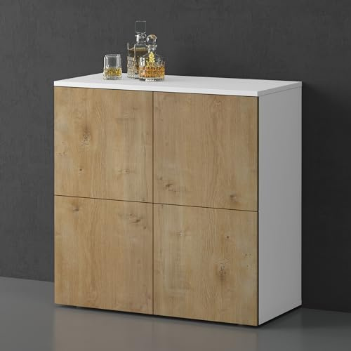 doporro Kommode 76cm Sideboard 4 Türen Push-to-Open grifflos | Sideboard Wohnzimmer, 4 Stauräume, verstellbare Füße, Flurschrank, Weiß matt und Eiche Greige, BxTxH:76x36,4x74cm, Schrank04